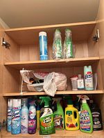 Shelf with several cleaning sprays and solutions including Lysol, Lime-A-Way, Plant Food, OxiClean, Weiman, and others