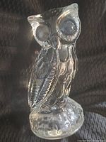Front view of the clear glass Mosser owl figurine showing detailed features and large eyes.