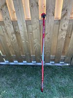 Full length front view of the red Asham curling broom against a wooden fence and grass.
