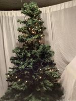 Artificial Christmas tree decorated with one set of white LED string lights illuminated, showing fullness and shape of tree branches