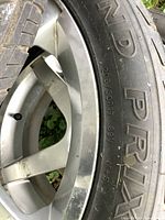 Close-up of alloy rim with visible wear and dirt, showing tire size and markings.