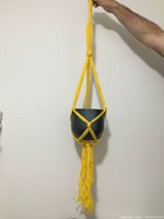 Yellow macrame plant hanger held up by a hand, with a black pot inside, yellow thick rope and tassels at the bottom.