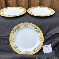 Three 10-inch dinner plates with yellow rim and green leaf design placed on black fabric background.