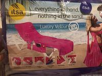 Packaging showing purple sun lounger cover in cotton velour with images indicating multiple pockets for storage and easy use.