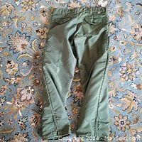Full back view of green safety pants showing overall condition and snap pockets
