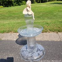 Full view of birdbath showing ribbed glass construction and round basin.