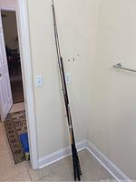 Photo showing two pool sticks and three fishing poles leaning against a wall.