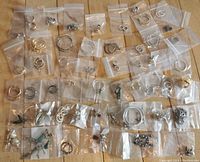 Full view of all 50 pairs of earrings laid out individually bagged on a flat surface showing the variety and quantity.
