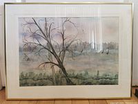 Frontal view of original watercolour painting featuring bare-branched tree with swings in muted landscape colors framed under glass.