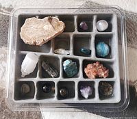Overview of all rocks and gemstones in the divided tray.