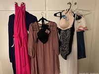 Photo of six women's clothing items hanging: pink sleeveless dress, navy garment, mauve lace dress, black halter top, zebra print swimsuit with beige bra, and denim jeans