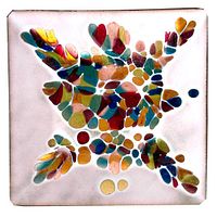Full view of square copper pin dish showing jewel toned enamel abstract pattern.