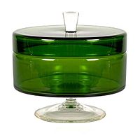 Front view of the emerald green glass lidded candy dish showing the clear pedestal base.