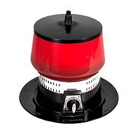 Front view of vintage Cornwall electric fondue pot showing flame red-orange body, black lid and base with control dial set to 0.