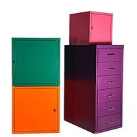 Front view of entire stacked set showing drawer unit and three color cubes