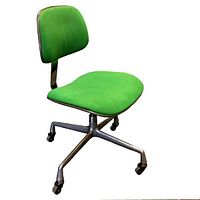 Front-left angle of green upholstered seat and aluminum base with casters