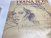 Front cover of Diana Ross's album "All The Great Hits" showing detailed sketch portrait and text.