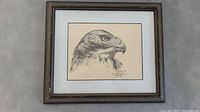 Framed falcon head artwork with visible signature and date showing the full piece