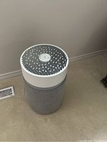 Full view of BlueAir air purifier fan placed on carpeted floor near wall and vent, showing cylindrical shape and fabric wrapping.