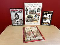 Photo of all 4 books arranged together on a red surface.