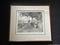 Full view of the framed etching 'Harvest' showing the entire artwork and frame.