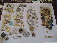 Spread of assorted pins, brooches and charms with a bulk pile on right