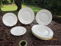 Eight white plates of different sizes displayed on a metal outdoor table, showing the plain and classic design.