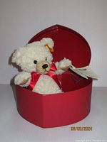 White Steiff Sweetheart plush teddy bear inside the red heart-shaped box, showing bear's head, paw, and original Steiff tag.