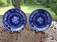 Two cobalt blue circular dinner plates with white floral and vine decorations on a metal table outdoors.