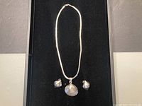 Full view of necklace with shell pendant and matching clip-on earrings on black velvet display.