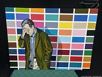 Full front-on view of the oil painting in its wood frame against a black backdrop