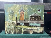 Front view of the oil painting on wood showing entire rustic scene with house, tree, fence, and Ontario 295 sign.