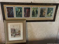 Framed set of six vintage style postcards in dark wooden frame with decorative carving and gold titled mat 'Eventful Hours in a Girl's Life'.