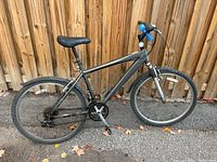 Side profile of the silver Shimano bicycle showing frame, tires, saddle, and pedals.