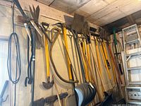 Wide view of multiple garden tools hanging on wall including shovels, pitchforks, rakes, bow saw, weed trimmer, black hose coiled