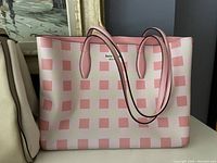Front view of the pink and white checkered Kate Spade tote purse with handles visible