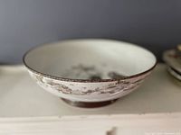 Side view of ceramic serving bowl with detailed bird print and brown rim.