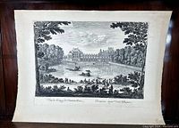Full view of the antique engraving showing Fontainebleu Castle with trees and water