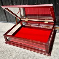 Front angled view of the dark wood glass display case with red felt interior, lid open.