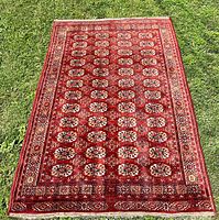 Full view of the Persian Bokhara rug laid on green grass, showing its detailed repeating medallion pattern and vibrant red color tone.