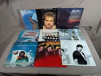 Front view photo showing all 9 vinyl record album covers from the lot, including images of artists and album artwork.
