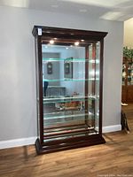 Full view of cherry wood curio cabinet with glass front and shelves illuminated by built-in lights.