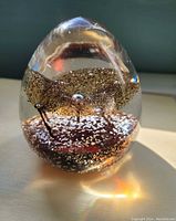 Transparent hand blown glass egg with black spider-shaped pattern inside, resting on a surface with light reflection.