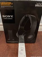 Sony wireless RF headphones packaging box front showing product image and branding.