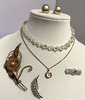 Display of all jewelry items including earrings, necklaces, brooches, and pins on a stand.