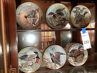 Full set of six Franklin Mint collector plates displayed in a cabinet, showing full imagery of ducks and wetland scenes