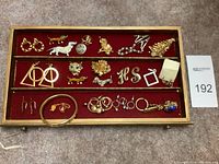 Full view of assorted jewelry laid out in a display box with red velvet lining, showing multiple brooches and earrings themed around animals and holidays.