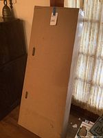 Cardboard box packaging of the ladder, tall rectangular box with handles and seller lot sticker.