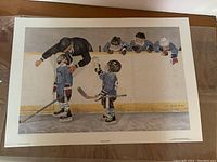 Full view of the unframed John Newby print showing the coach and kids on ice hockey rink