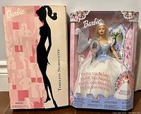 Two Barbie dolls side by side in original boxes: the Timeless Silhouette Barbie with silhouette artwork and the Princess Bride Barbie with floral accents on packaging.